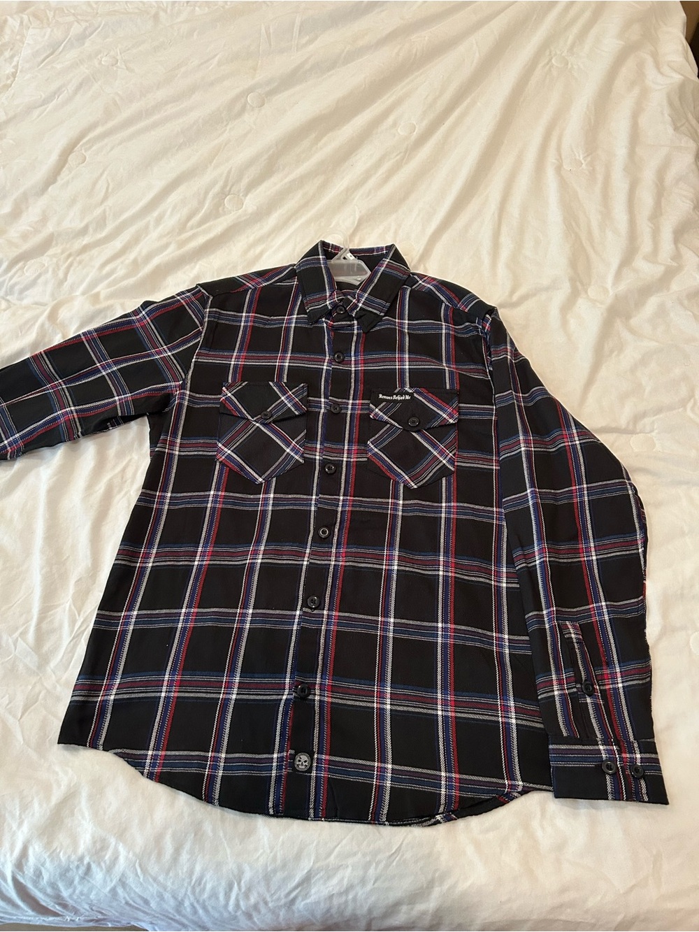 Demons Behind Me Men's Black, Red, White and Blue flannel., worn once